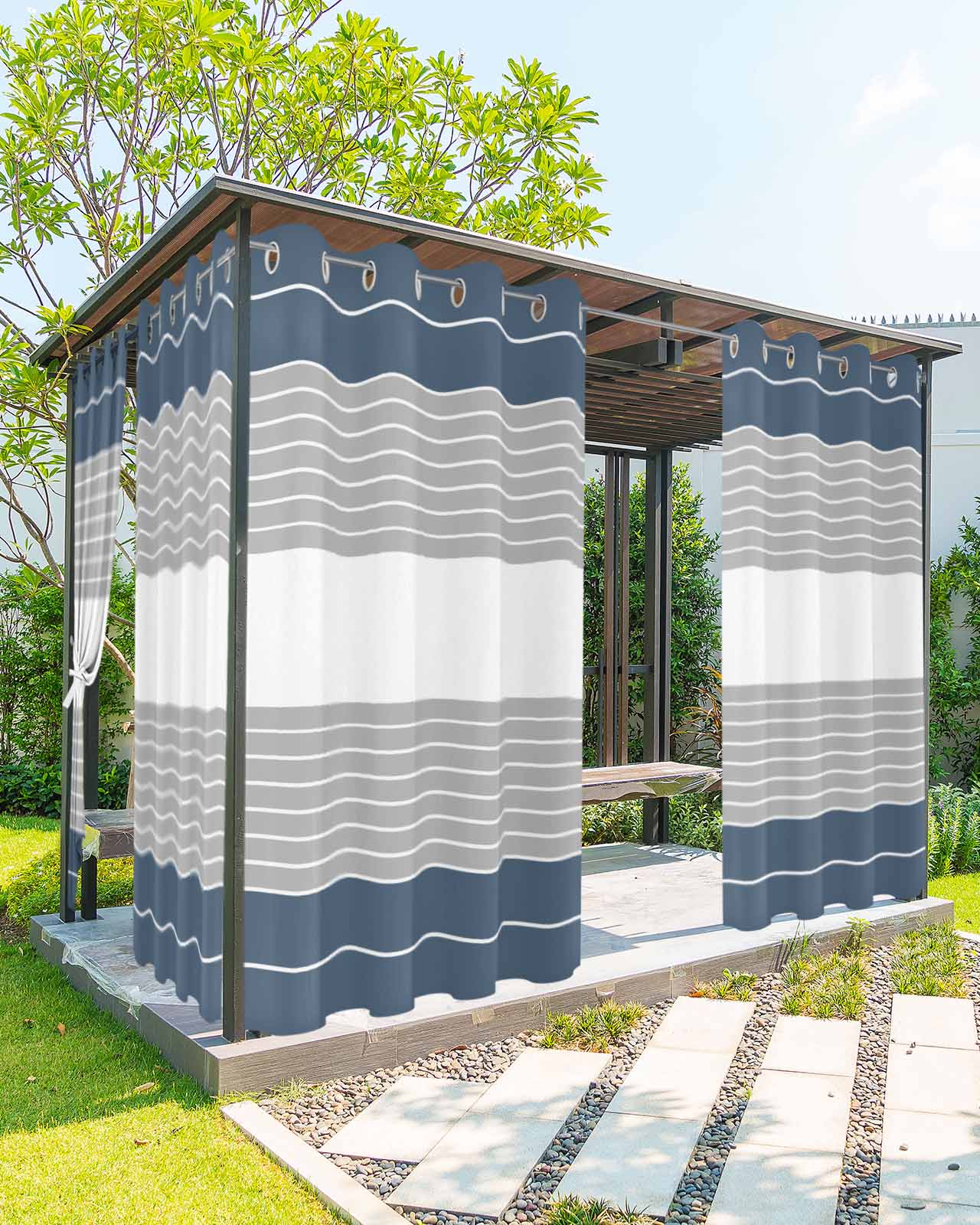 Haze Blue Grey Stripe Outdoor Curtains for Patio, Modern Art Horizontal Striped Privacy Drapes Grommet Waterproof Outside Curtains for Porch/Cabana/Balcony 54"x 95", 1 Panel