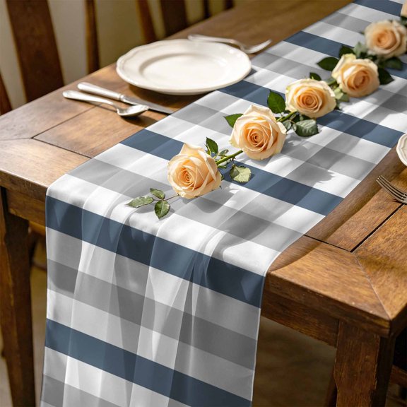 Haze Blue Grey Striped 4.5 ft Cheesecloth Table Runner for Wedding 19"x55", Modern Kitchen Dinner Sheer Tulle Chiffon Dresser Scarf, Holiday Party Decorations