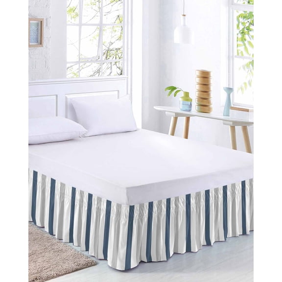 Haze Blue Grey Striped Bed Skirt California King Size 16 Inch Drop, Modern Adjustable Elastic Dust Ruffles Bedskirt Wrap Around Pleated Mattress Frame Cover
