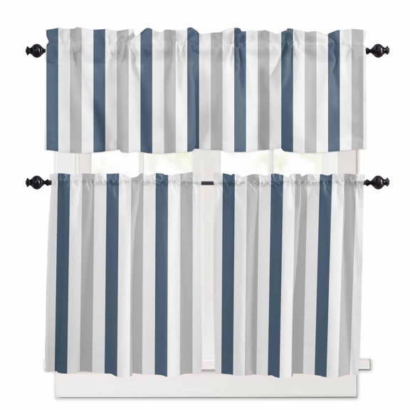 Haze Blue Grey Striped Kitchen Curtains Valance and Tier Set Modern Rod Pocket Short Curtains for Small Window 3 Pieces Set for Bedroom Bathroom Cafe (54" x 18"+27" x 24")