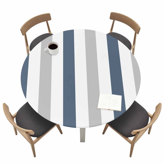 Haze Blue Grey Striped Round Fitted Tablecloth with Elastic Edge Modern Table Cover Fit for 36"-44" Tables Waterproof Tablecloths for Dinner Camping Picnic