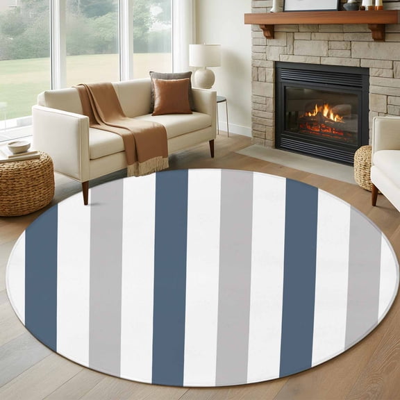 Haze Blue Grey Striped Round Living Room Rugs 7 ft, Modern Washable Area Rug with Non-Slip Sturdy Edge Binding Round Carpet for Kitchen Office Bedroom