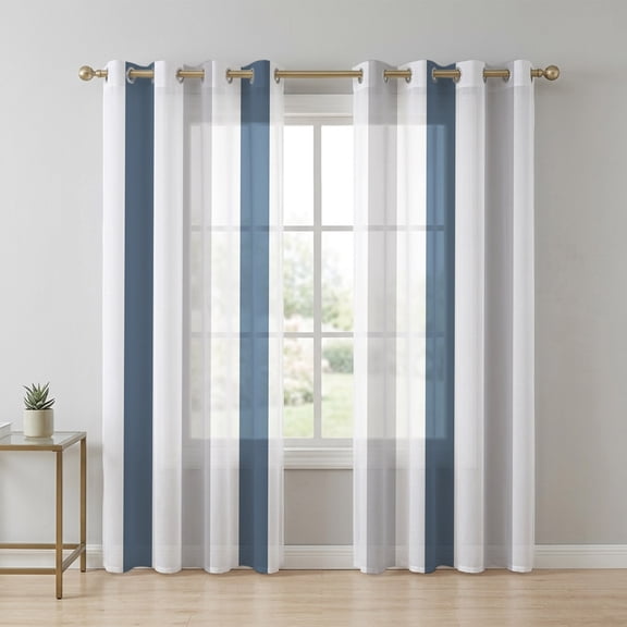 Haze Blue Grey Striped Sheer Curtains 84 Inch Long 2 Panels, Modern Light Filtering Semi Sheer Drapes Grommet Voile Window Curtain for Living Bedroom W42 x L84