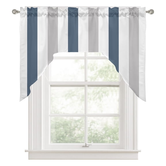 Haze Blue Grey Striped Swag Valance for Windows, Modern Swag Curtains Valances for Small Window Treatment Rod Pocket for Kitchen Bathroom 1 Panel 56x36in