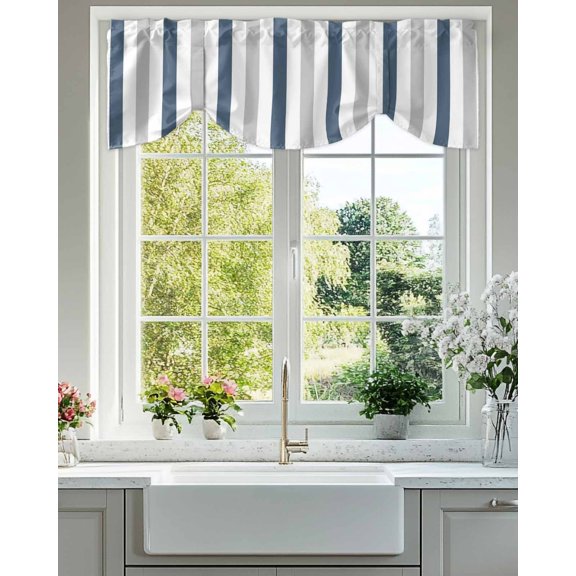 Haze Blue Grey Striped Tie Up Valances Curtain, Adjustable Kitchen Modern Valances for Windows Decor, Rod Pocket Short Curtains Set for Bedroom/Bathroom, 42"x12"