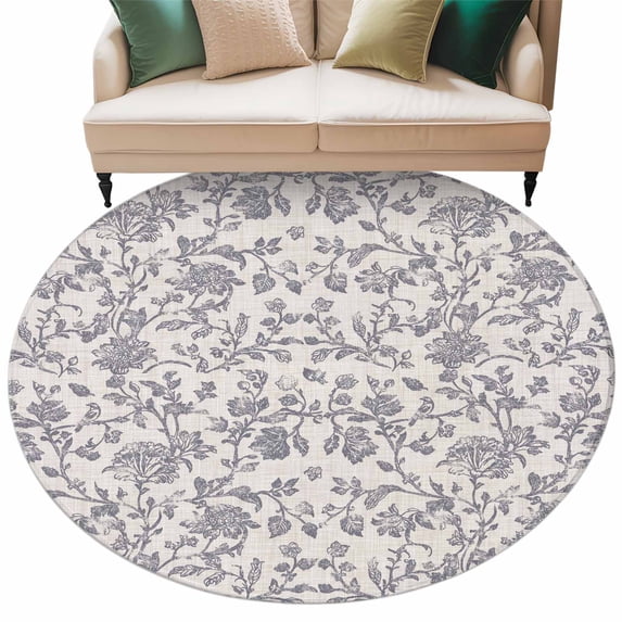 Haze Blue Leaf Large Area Rugs for Bedroom Living Room, Soft Non Slip Carpet Bedside Rug, Retro Farmhouse Plant Floral Branch Round Floor Cover Kitchen Accent Rug 8' for Dining Room/Office