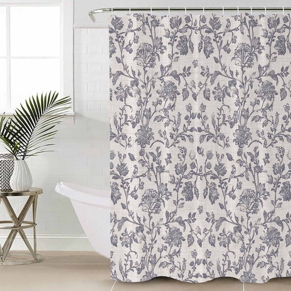 Haze Blue Leaf Long Shower Curtain Set, Waterproof Shower Curtains for Bathroom, Retro Farmhouse Plant Floral Branch Washable Fabric Cloth Bath Curtain for Bathtub Decoration with Hooks 72x84 Inches