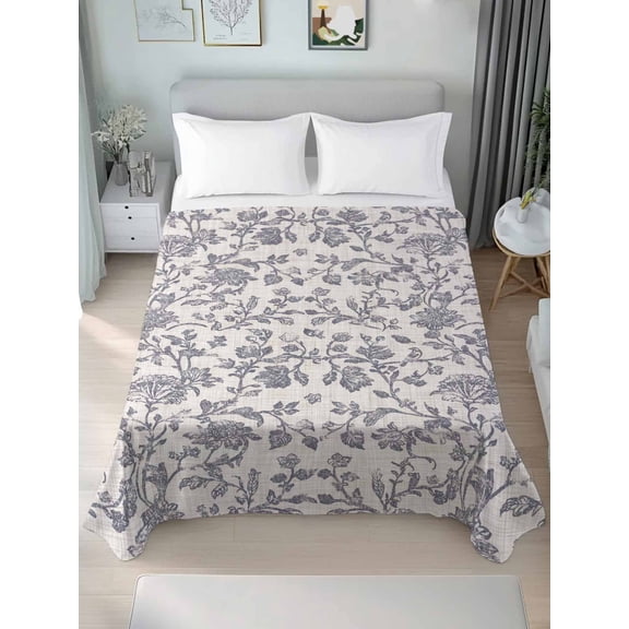 Haze Blue Leaf Queen Size Flat Sheet, Wrinkleproof & Fadeproof Cooling Flat Bed Sheet Only, Retro Farmhouse Plant Floral Branch Breathable Soft Bedding Top Sheets 90 x 102 Inches