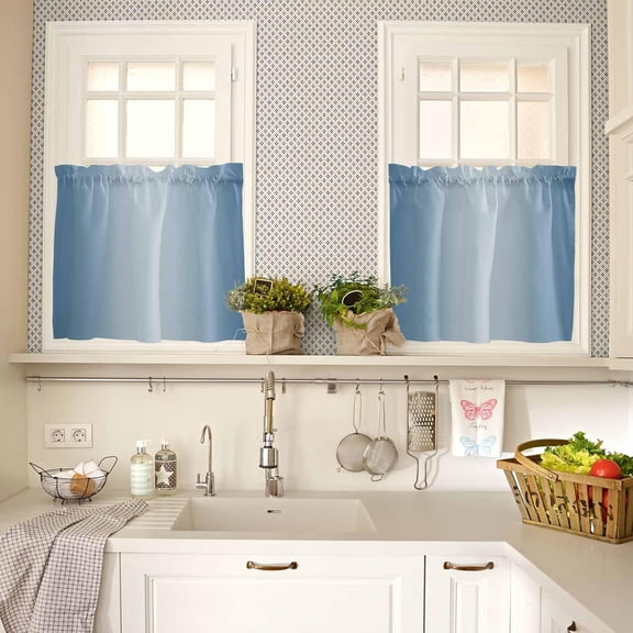 Haze Blue Ombre Window Tier Curtains 36 Inch Length, Farmhouse Blue Color Gradient Rod Pocket Kitchen Window Treatments Drapes for Bedroom, Cafe, Living Room, 2 Panels, 27.5 W x 36 L