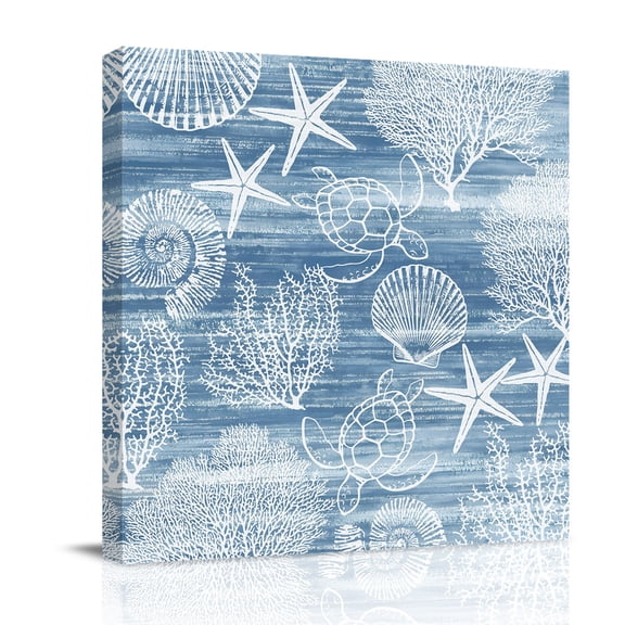 Haze Blue Retro Summer Canvas Wall Art for Living Room, Sea Turtle Starfish Coral Ocean Wall Decor Framed Artwork Pictures Ready to Hang for Bedroom Office Home Decor