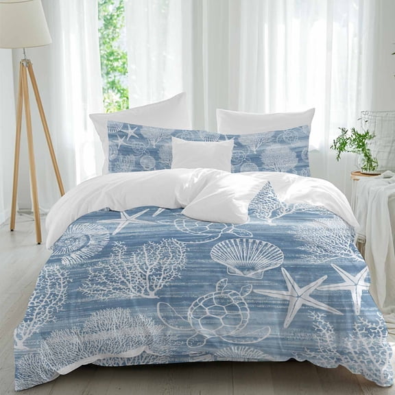 Haze Blue Retro Summer Twin Size Comforter Set, Sea Turtle Starfish Coral Ocean Bedding for All Seasons, 4 Pcs Bed Set, 1 Quiltcover (68"x86") ,1Sheet(67"x116"), 2Pillowcases (30"x20")