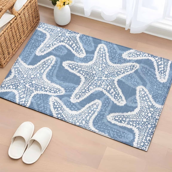 Haze Blue Starfish Entryway Rug 2'x3' Coastal Summer Ocean Beach Nautical Modern Small Area Rug Non-Slip Front Door Mat Washable Floor Carpet for Indoor Entrance Kitchen Bathroom