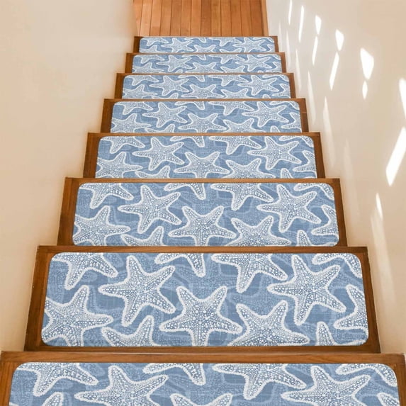 Haze Blue Starfish Stair Treads Non Slip for Steps Coastal Summer Ocean Beach Nautical Modern 15 Pcs Reusable Adhesive Stair Runner Mats for Dogs Elders Carpet Treads Rugs for Staircase 8x30 In