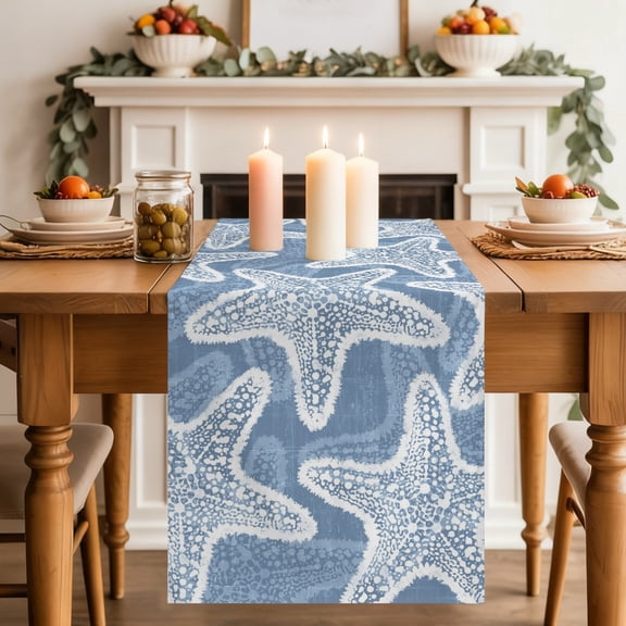 Haze Blue Starfish Table Runner 13x36 Inch Coastal Summer Ocean Beach Nautical Modern Cotton Linen Dining Table Runner Ideal for Dresser Kitchen Coffee Tables - Machine Washable
