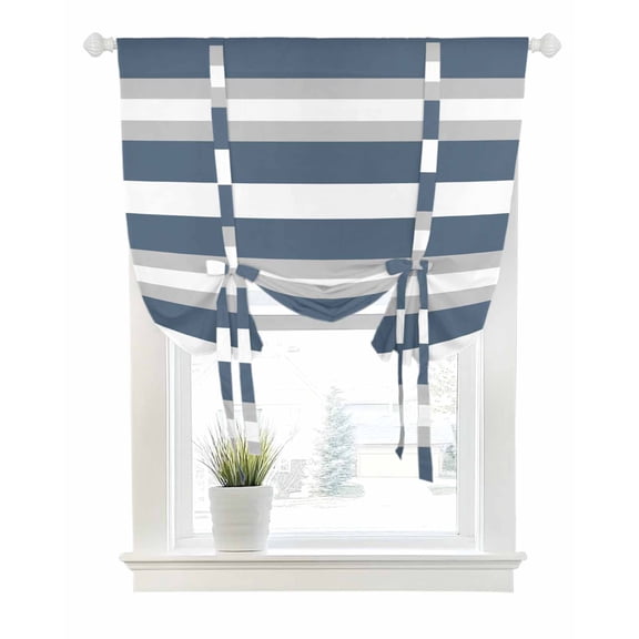 Haze Blue Stripe Tie Up Curtains for Window, Thermal Insulated Balloon Shade Adjustable Rod Pocket Curtains Valance Panels for Kitchen Bathroom Cafe 42 x 45 Farmhouse Blue Gray Striped