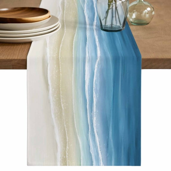 Haze Blue Summer Beach Table Runner 48 Inches, Nautical Coastal Beige Seaside Bed Runner Dresser Scarves Tabletop for Indoor Outdoor Parties/Ceremony/Banquet, 13" x 48"