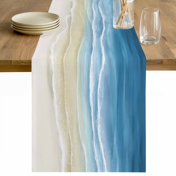 Haze Blue Summer Beach Table Runner - 90 Inch Long Nautical Coastal Beige Seaside Cotton and Linen Blended Dress Scarves Farmhouse Table Runner for Kitchen Dining, Coffee Table, 13" x 90"