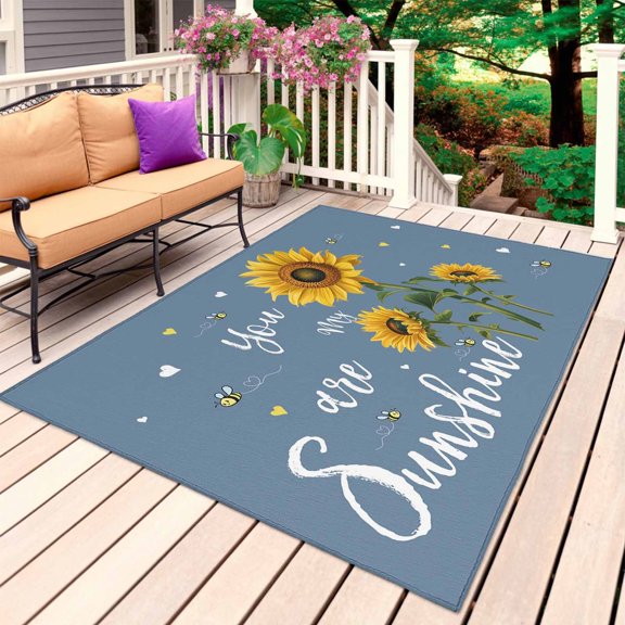 Haze Blue Sunshine Sunflower Outdoor Rug 4x6 Ft, Non Slip Washable Area Rug, Pastoral Bees Farmhouse Floral Patio Rugs Carpet Runner, Large Floor Mat for Indoor/Outdoor Deck Porch Camping