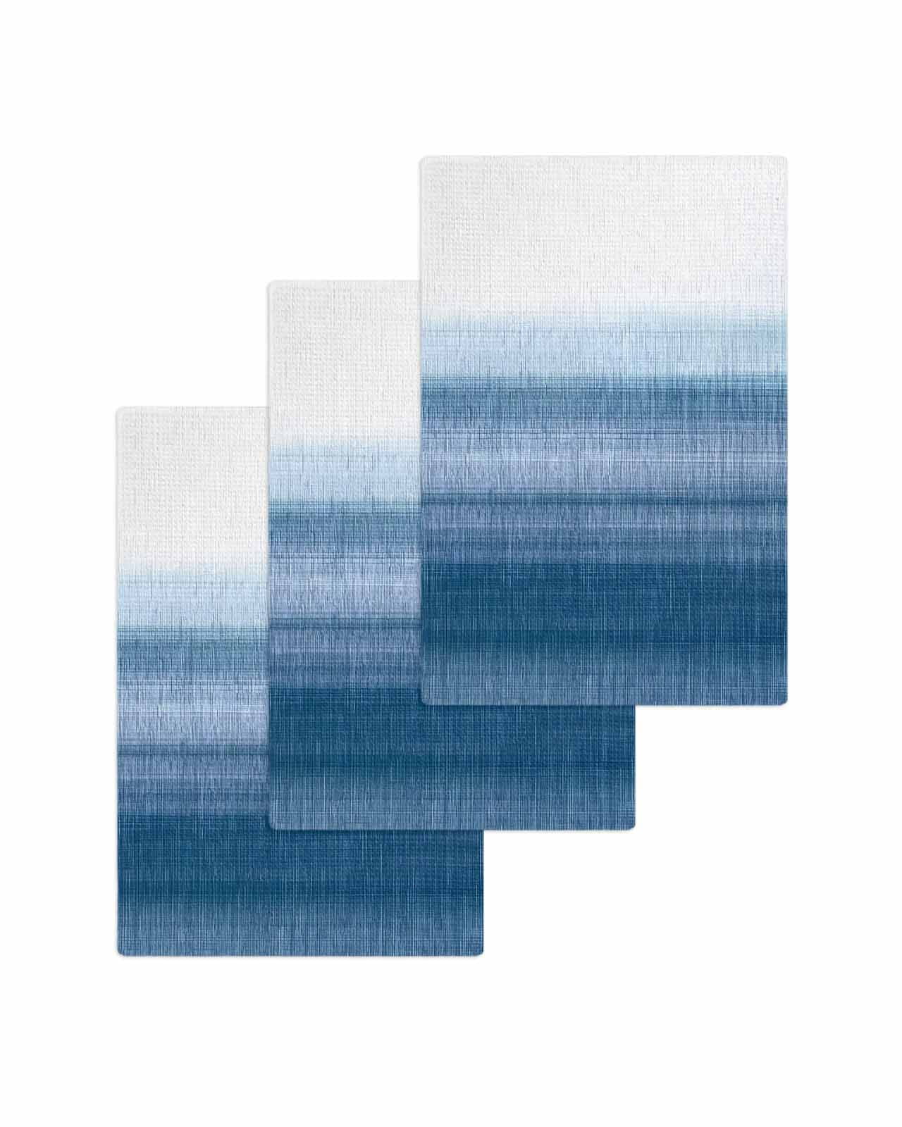Haze Blue White Ombre Kitchen Dish Towels for Drying Dishes Set of 3, Vintage Gradient Striped Aesthetics Waffle Weave Microfiber Terry Hand Tea Bathroom Towels Quick Dry & Absorbent Towel 15.7x23.6