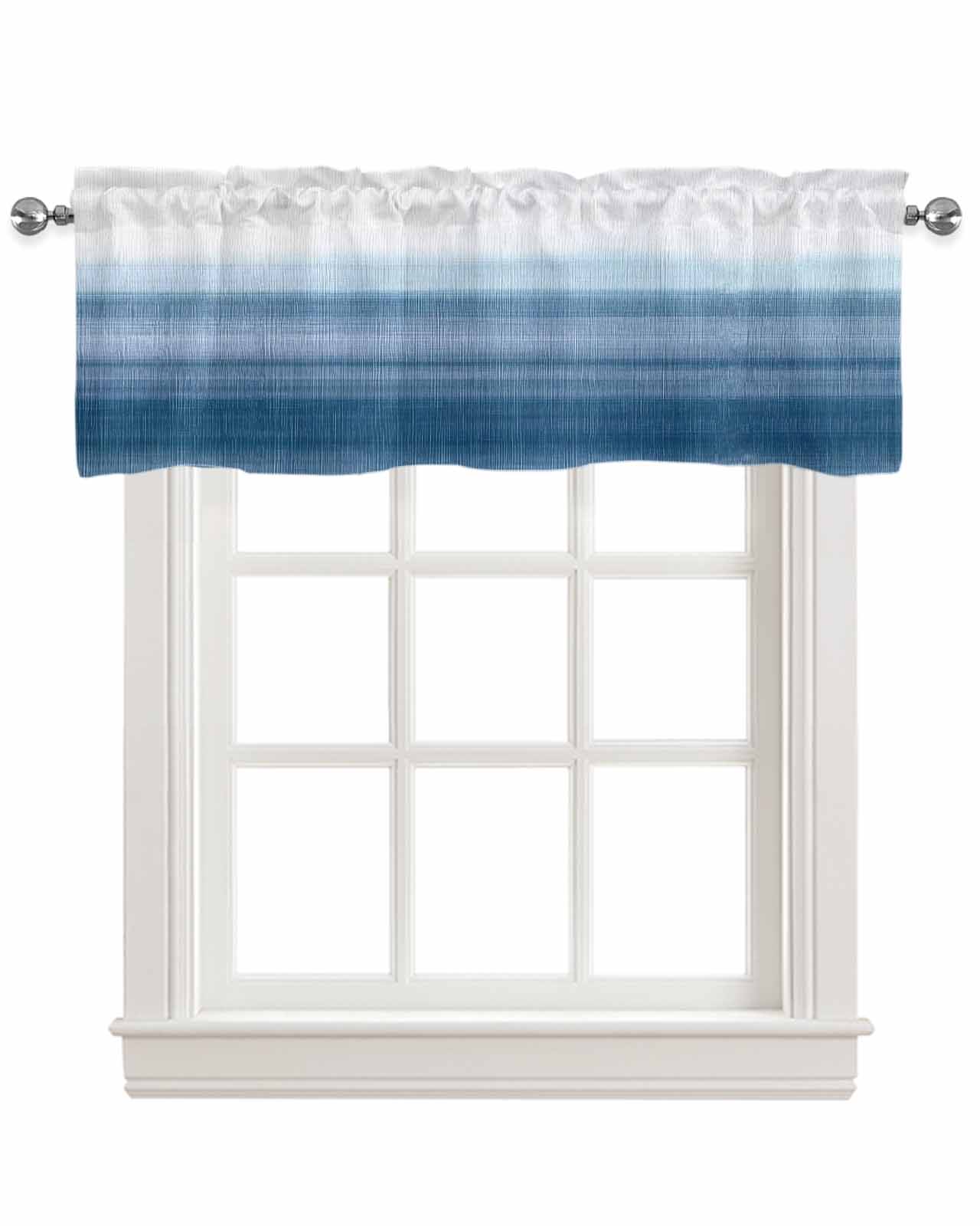 Haze Blue White Ombre Kitchen Valances for Windows Farmhouse Linen Window Valance Curtain for Living Room Window Treatment Vintage Gradient Striped Aesthetics Valance Rod Pocket Topper, 42 x 18 Inch