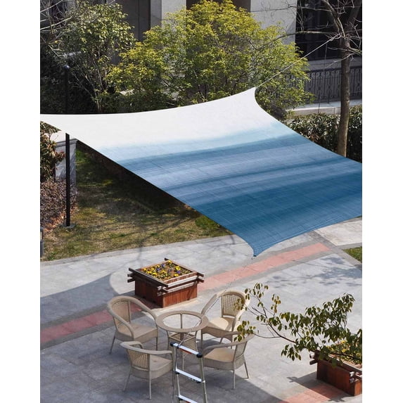 Haze Blue White Ombre Sun Shade Sail 12'x16' Rectangle Outdoor Shade Canopy, Vintage Gradient Striped Aesthetics Porch Shades Outdoor Sun Blocking Screen, Sunshade Cloth Covers for Patio/Deck/Garden