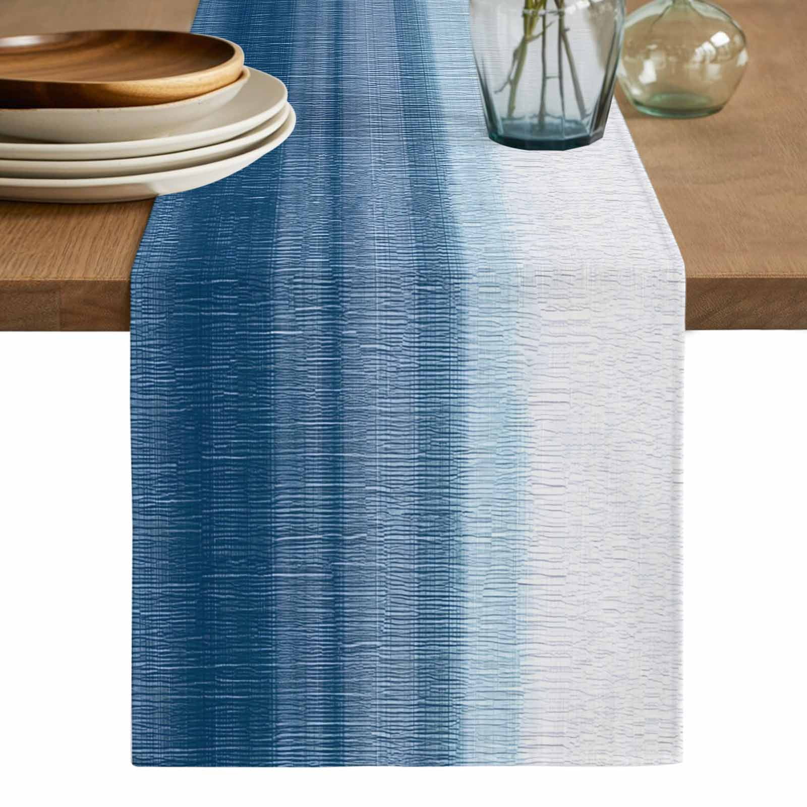 Haze Blue White Ombre Table Runner, Vintage Gradient Striped Aesthetics Washable Cotton Linen Table Runners 60 Inches Long, Dresser Scarf Runner for Coffee/TV Stands/Kitchen/Cabinets 13''x60''