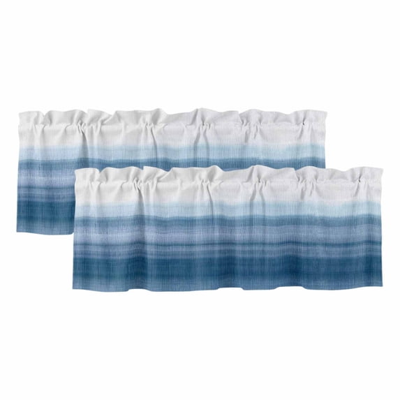 Haze Blue White Ombre Valances for Windows, Decorative Rod Pocket Window Valance Curtains, Vintage Gradient Striped Aesthetics Short Curtain Drapes for Kitchen/Living Room, 2 Panels, 42" W x 12" L