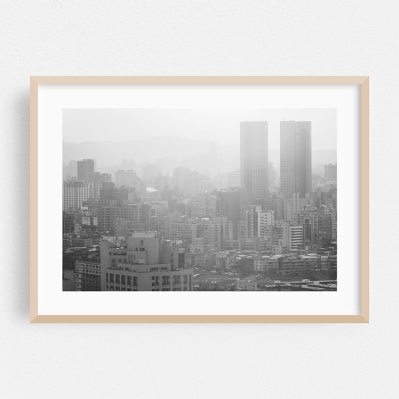 Haze from Elephant Mountain 02 B&W - Taipei Taiwan Photography Cityscape Black and White Skyline Architecture Minimalist Street Photography Oak Framed Wall Art Print 5 x 7 inches
