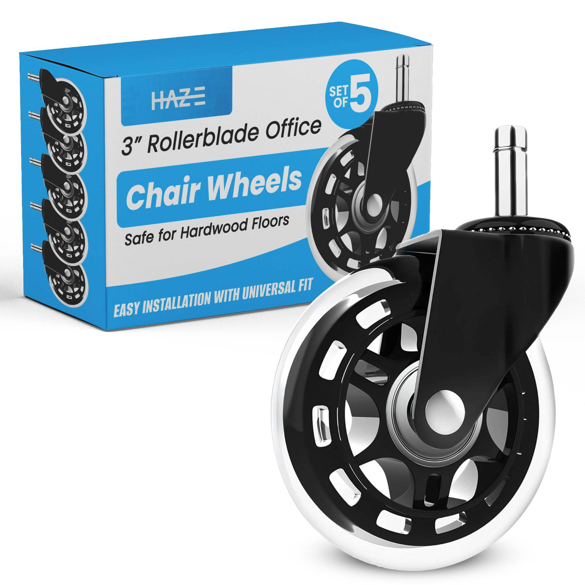 FOH Set Of 5 Heavy Duty Office Chair Caster Wheels - 3" Rubber Swivel - 7/16" Stem - Floor Protecting