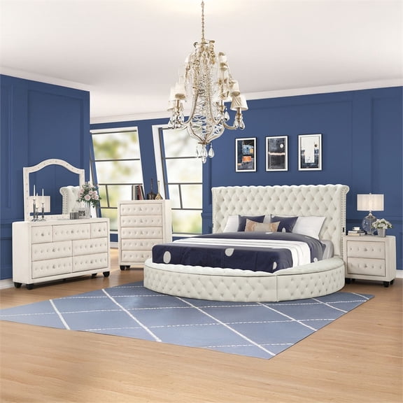 Hazel King 5 Pc Tufted Upholstery Bedroom Set Made with Wood in Cream