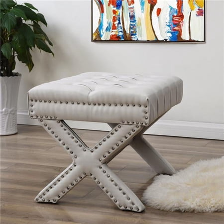Hazel Linen Button Tufted Silver Nailhead Trim X-Leg Ottoman - Cream White