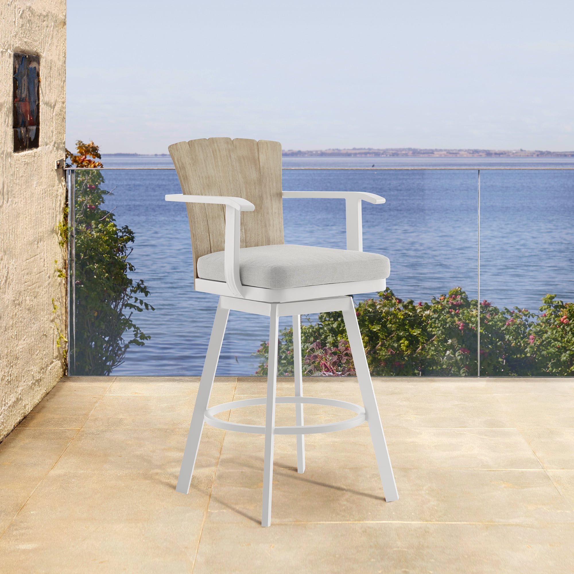 Hazel Outdoor Patio Swivel Counter Stool in Aluminum with Teak Wood and Argent Gray Cushion - Set of 4