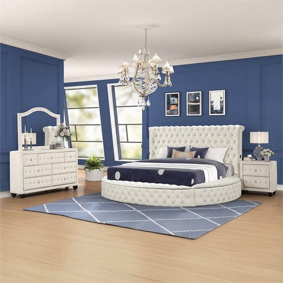 Hazel Queen 4 Pc Tufted Upholstery Bedroom Set Made with Wood in Cream