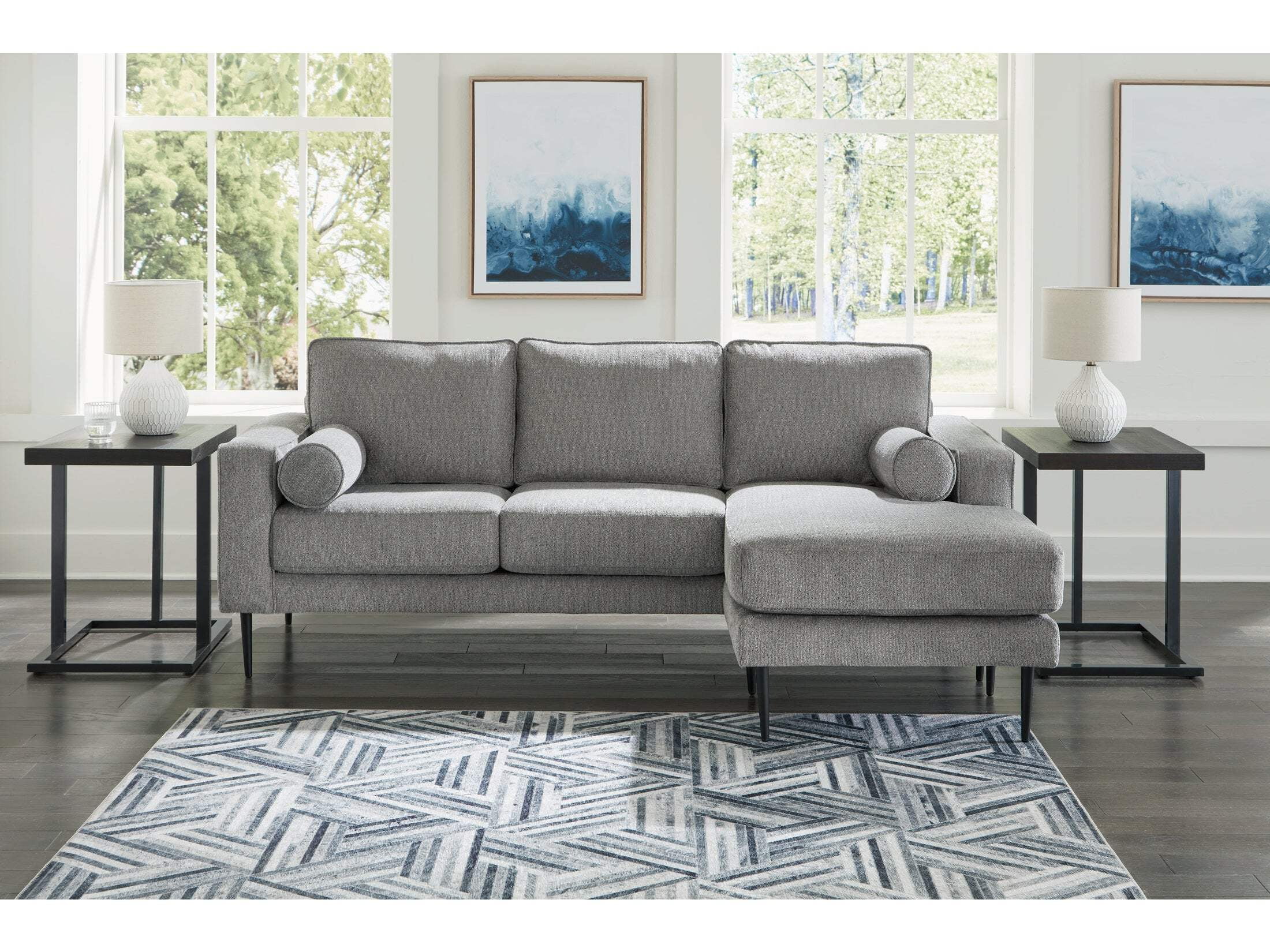 Charcoal Fabric Chevron Sofa Chaise with Black Metal Legs
