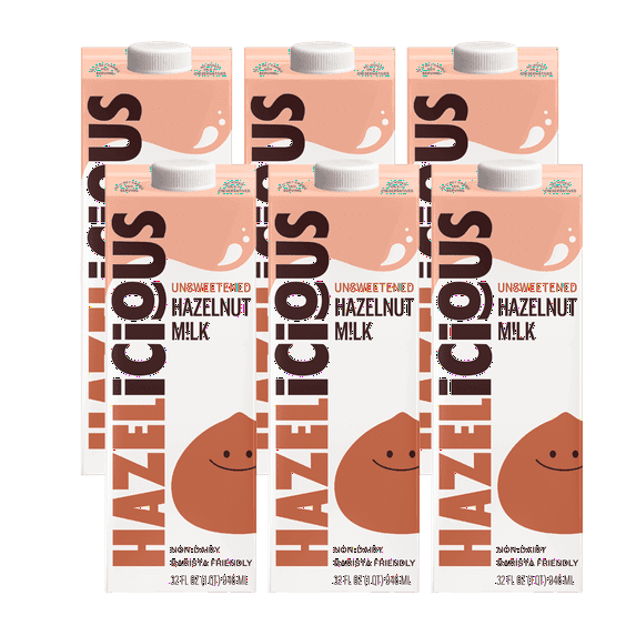 Hazelicious Unsweetened Hazelnut Milk, Vegan, Non-GMO, Non-Dairy and Plant-Based, Froths Perfectly and Barista-Friendly, No Added Sugars, 32 oz Cartons (Pack of 6)