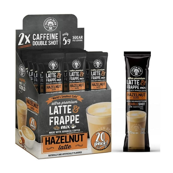 Latte & Frappe Instant Coffee Mix (20-Pack) Hazelnut - Made with Arabica Coffee, x2 Double Shot Caffeine, Low Sugar, Hot, Iced or Blended Drinks