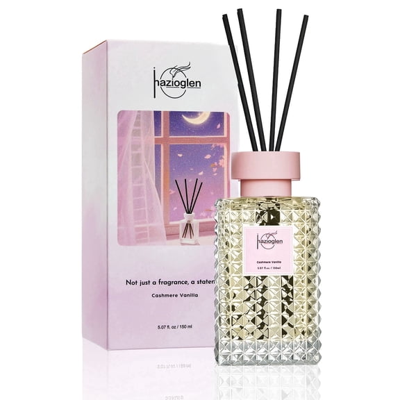 Hazioglen Reed Diffuser Set, Cashmere Vanilla Scented Home Fragrance Air Freshener for Bathroom Shelf Decor, 5.07 fl oz/150ml Essential Oil with Sticks