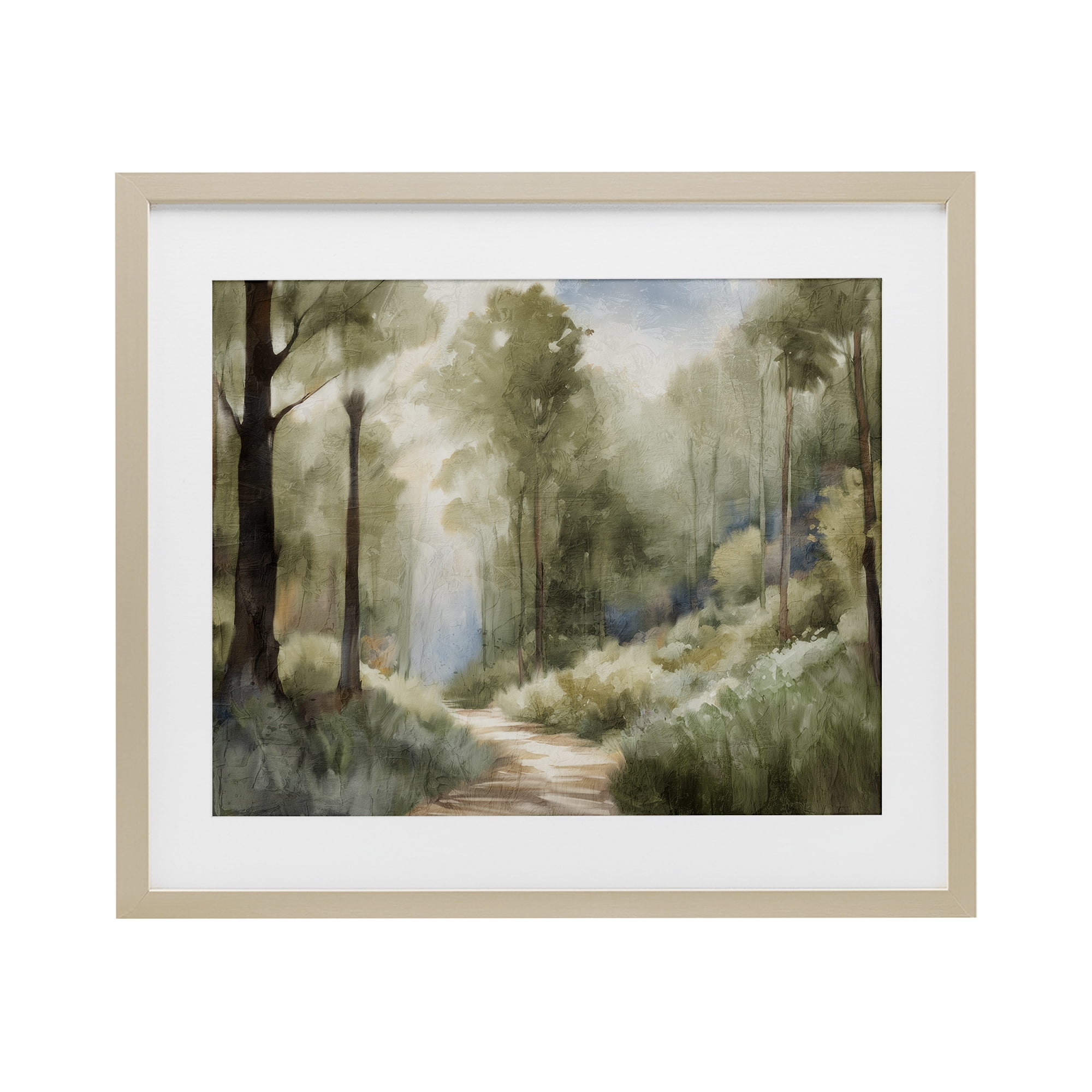 Hazy Atmospheric Walk Birch Framed Print Under Glass, design by Kim Allen