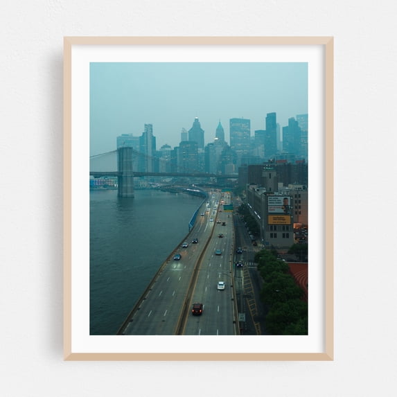 Hazy Blues, New York City 02 - Manhattan New York Photography City Skyline Bridge Architecture Travel Poster Nightlife Oak Framed Wall Art Print 6 x 8 inches