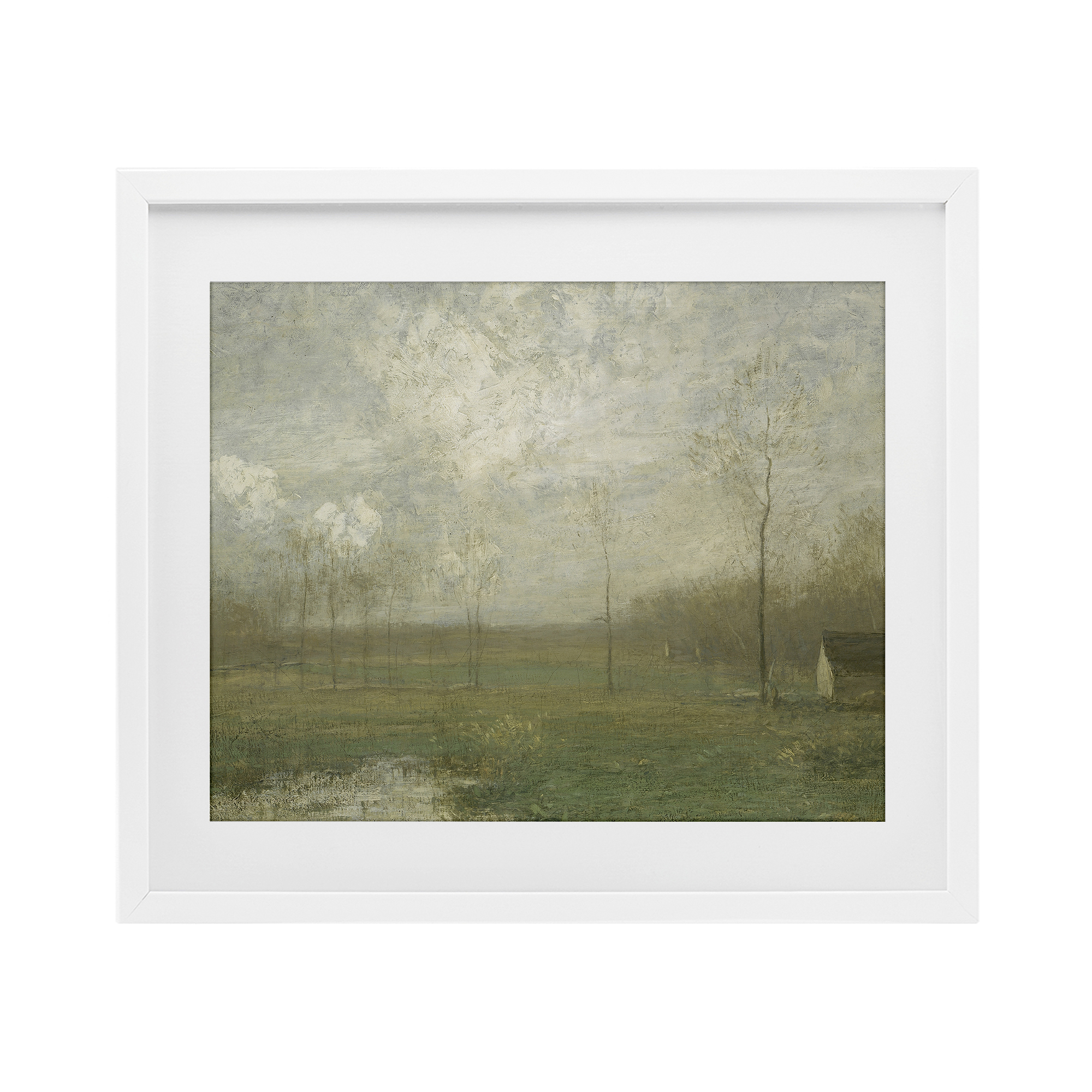 Hazy Farmland View White Framed Print Under Glass, design by Lettered and Lined