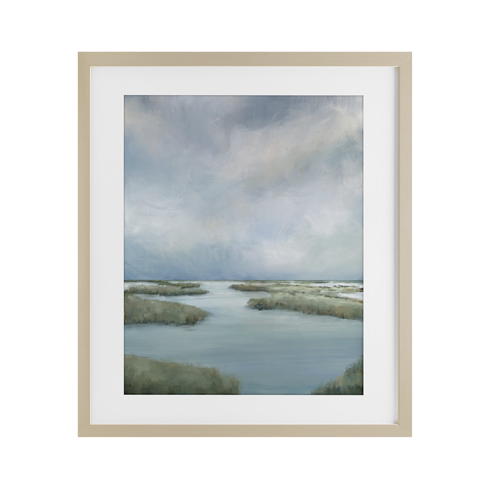 Hazy Marsh Land View Birch Framed Print Under Glass, design by Leah Noel Art