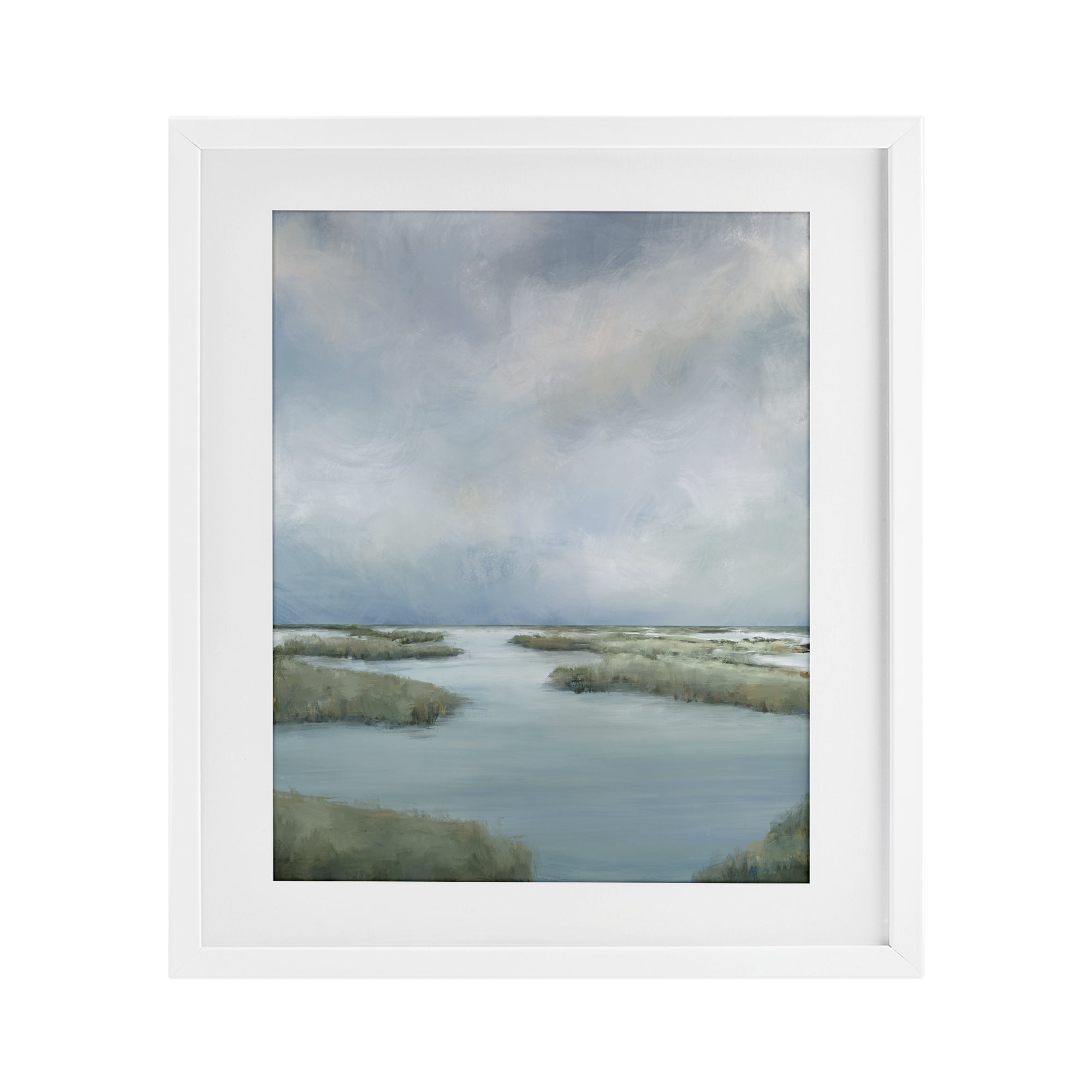 Hazy Marsh Land View White Framed Print Under Glass, design by Leah Noel Art