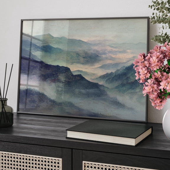 Hazy Mountain Mist Layered Hills Peaceful Nature Neutral Tone Atmospheric Landscape, Unframed Poster