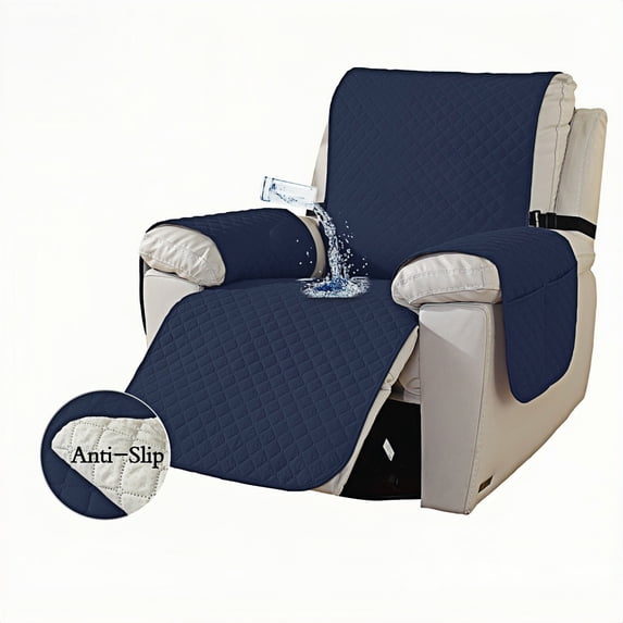 Hbaydor Waterproof Recliner Cover, Non-Slip Furniture Protector with Storage Pocket, Machine Washable Stretch Chair Cover with Adjustable Straps for Pets, Dogs, Cat (Navy Blue, 23.6")