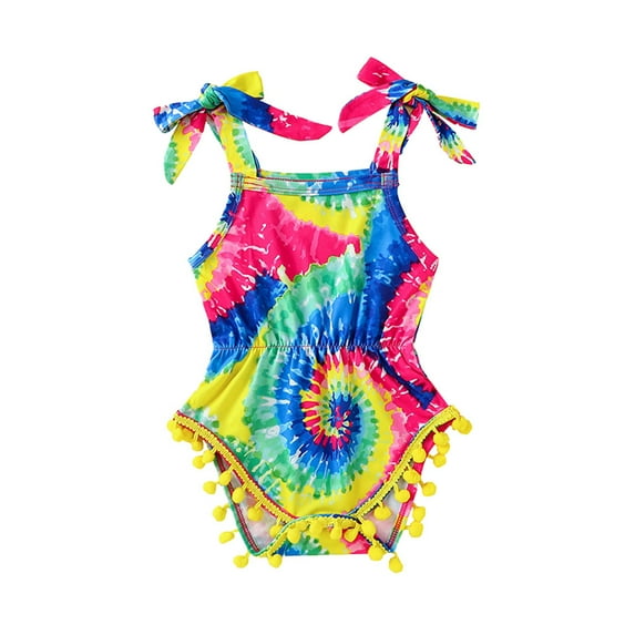 Bysome Baby Toddler Bodysuits Girls Rainbow Tie-Dyed Print Tassels Romper Bodysuit 12-18 Months