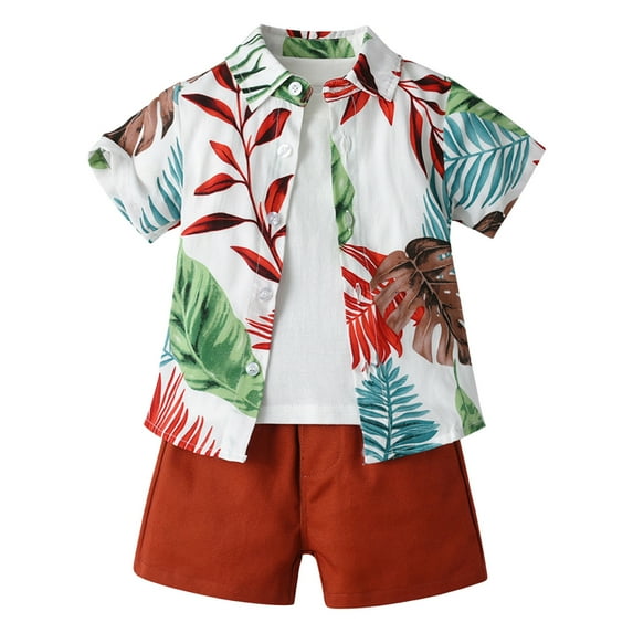Bysome Boys Casual Outfit Set Two Pieces Toddler Short Sleeve Casual Tops Hawaii Beach Holiday Floral Shirts T Shirt Shorts 3Pcs Outfits Red 2-3 Years