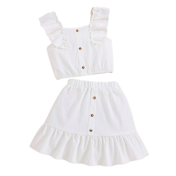 Bysome Girls Casual Outfit Set Two Pieces Toddler Summer Fly Sleeve Solid Tops Skirts 2Pcs Outfits Clothes Set For Children Clothes White 8-9 Years