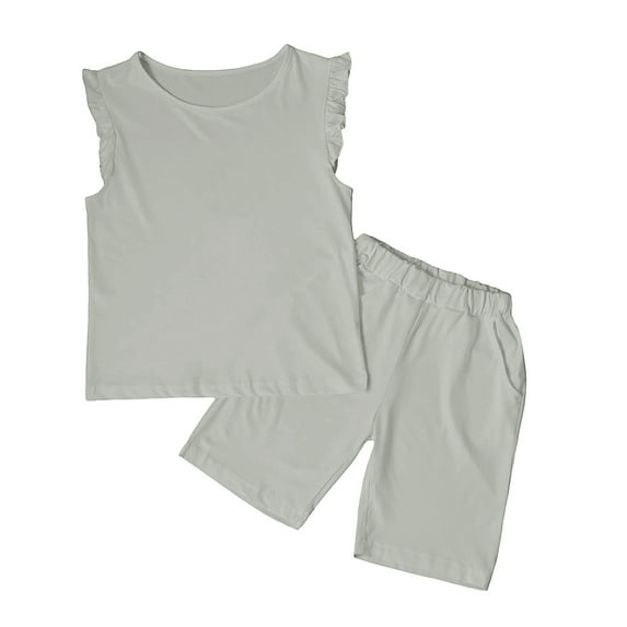 Bysome Girls Casual Two Pieces Outfit Set Outfits For Teen Kids Child Sleeveless Solid T Shirt Tops Ruffles Vest Shorts Set Grey 13-14 Years