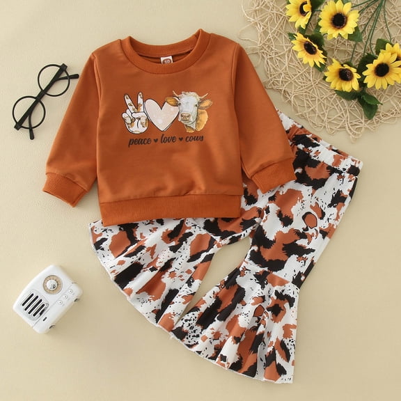 Bysome Outfit Set For Girls Boys Toddler Winter Long Sleeve Letter Cow Brown Prints Tops Pants 2Pcs Outfits Clothes Set For Babys Clothes Coffee 6-12 Months