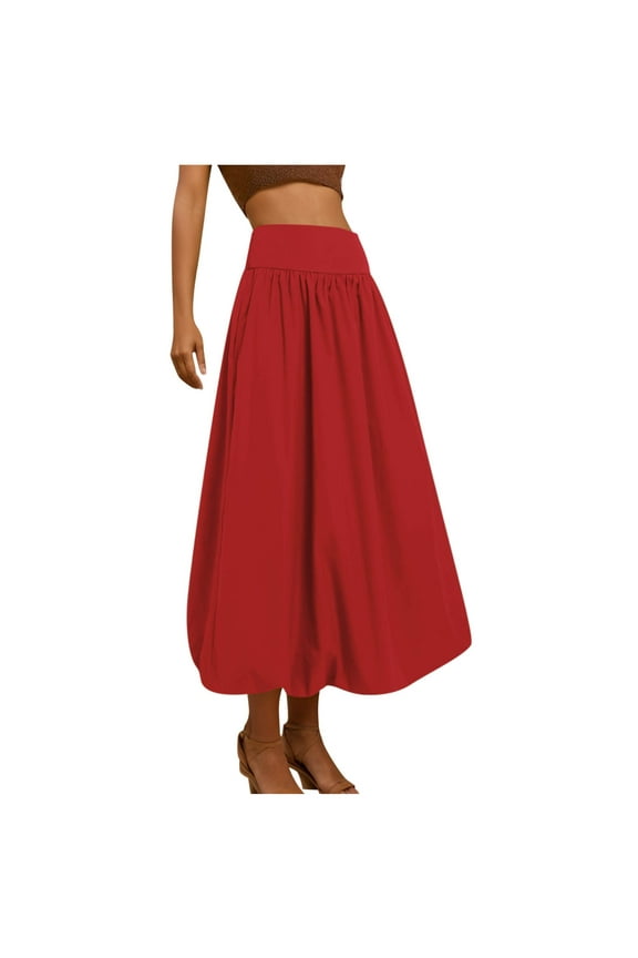 Skirts For Women Maxi Bubble Skirt Elastic Waist Aline Long Puff Skirt Ruffle Hem Balloon Skirts Red M